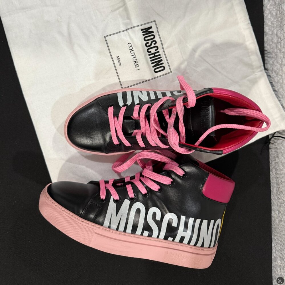 MOSCHINO Maxi Logo Calfskin High Sneakers In Black